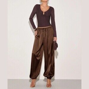 Brown Satin Harem Pants with Drawstring Waist & Cuffed Ankles